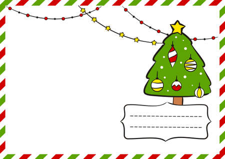 New Year's postcard. New Year greeting card template for sending. Christmas decor. Vector illustration on the theme of air mail and the new year. Christmas tree with garlands.のイラスト素材