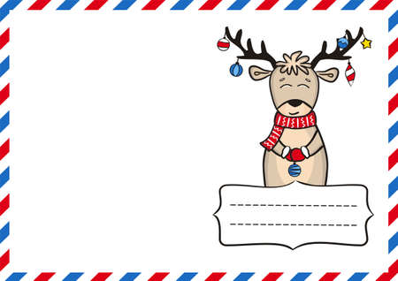 New Year's postcard. New Year greeting card template for sending. Christmas decor. Vector illustration on the theme of air mail and the new year. Christmas deer with New Year's toys.のイラスト素材