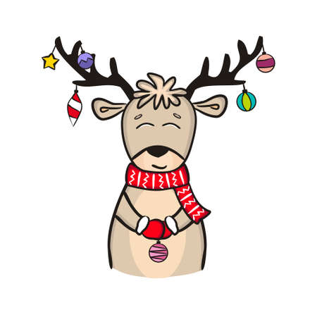 Hand-drawn christmas deer. Cute deer with New Year toys Isolated on a white background. Festive vector illustration for the design of New Year cards, posters and banners.のイラスト素材