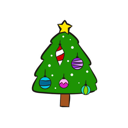 Hand-drawn christmas tree. Cute Christmas tree with New Year's toys. Isolated on a white background. Festive vector illustration for the design of New Year cards, posters and banners.のイラスト素材