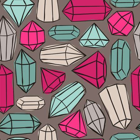 Seamless vector pattern with crystals and stars. Hand-drawn gemstones, diamonds, diamonds, emeralds and rubies. Vector illustration for jewelry store, bijouterie, magic and miracle.のイラスト素材