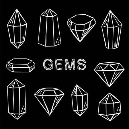 Set of crystals in chalk style. Hand-drawn gems, diamonds, emeralds and rubies. White outline on a black chalkboard. Vector illustration for jewelry store, bijouterie, geology, sale, magic and miracleのイラスト素材