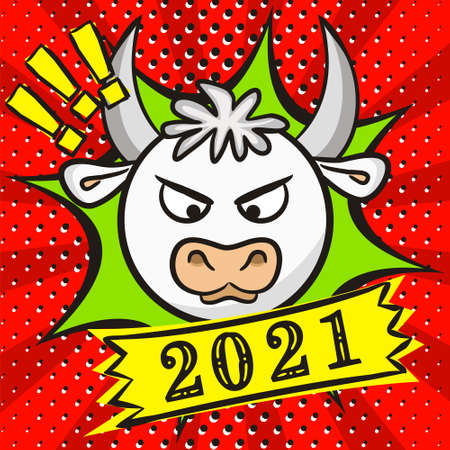 White bull symbol of 2021. Bright red New Year banner in pop art style. 2021 calendar heading. Vector illustration for the design of New Year cards and posters.のイラスト素材