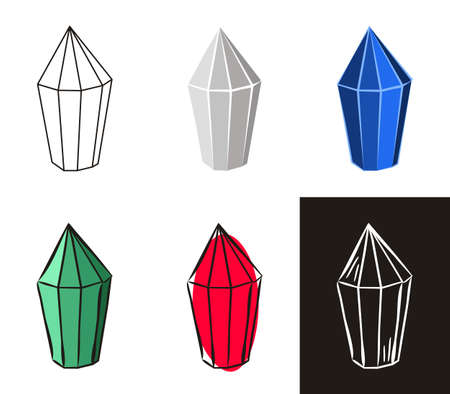 A collection of crystals in different styles: doodle, contour, chalk. Sets of Hand-drawn gems, diamonds, emeralds and rubies. Vector illustration for jewelry store, bijouterie, sale, magic and miracleのイラスト素材