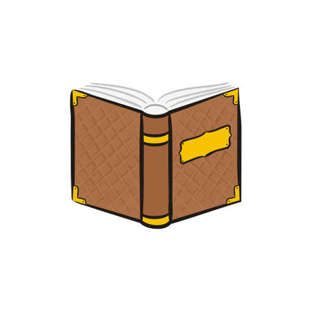 Opened book icon isolated on white background. A hand-drawn old shabby fairytale book with rivets. Ancient tome. Vector illustration.のイラスト素材