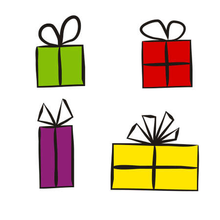 Hand-drawn christmas presents icons. Set of cute multi-colored boxes with bows. Isolated on a white background. Festive vector illustration for the design of New Year cards, sale posters and banners.のイラスト素材