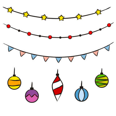 Hand-drawn christmas garland. Set of New Year decorations, toys and balls Isolated on a white background. Festive vector illustration for the design of New Year cards, sale posters and banners.のイラスト素材
