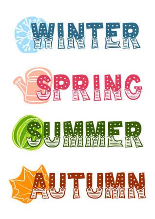 The titles of the seasons for the calendar. Lettering Winter, Spring, Summer and Autumn with thematic icons. Vector illustration for posterのイラスト素材