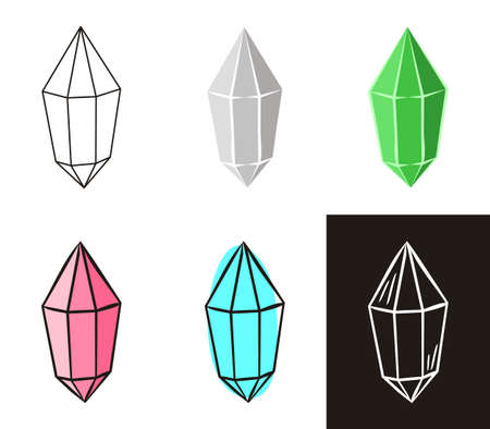 A collection of crystals in different styles: doodle, contour, chalk. Sets of Hand-drawn gems, diamonds, emeralds and rubies. Vector illustration for jewelry store, bijouterie, sale, magic and miracleのイラスト素材