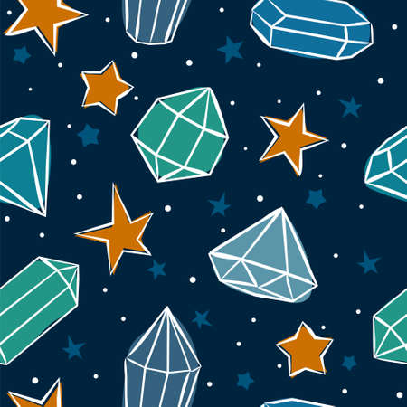 Seamless vector pattern with crystals and stars. Hand-drawn gemstones, diamonds, diamonds, emeralds and rubies. Vector illustration for jewelry store, bijouterie, magic and miracle.のイラスト素材