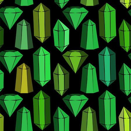 Seamless vector pattern with green crystals and emeralds. Hand-drawn gemstones, diamonds, diamonds,...