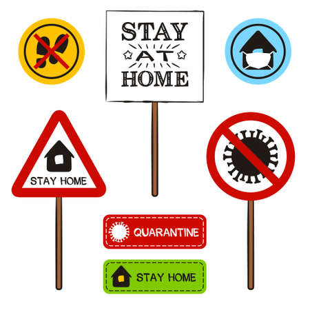 Stickers and warning signs on the topic of quarantine and self-isolation. Stay home icon set for web and app. Traffic signs with coronavirus. Vector illustration on the topic an epidemic.のイラスト素材
