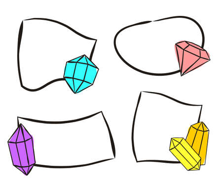 Hand-drawn stickers with crystals. Isolated Quick Tips badge. Sets of Hand-drawn gems, diamonds, emeralds and rubies. Vector illustration for jewelry store, bijouterie, geology, sale, magic and miraclのイラスト素材