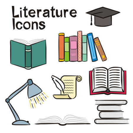Set of hand-drawn icons on the theme of Literature. Pictograms of a table lamp, an open book, a stack of books, a scroll with a pen. Vector illustration on the theme of Library, books, readingのイラスト素材