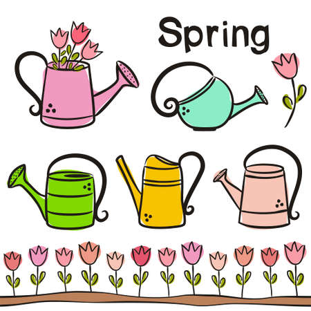 Time of year - Spring. Elements for seasonal calendar. Hand-drawn ice cream, watermelon, lemonade, kite and clouds. Vector illustration in doodle style for yearbooks and calendars.のイラスト素材