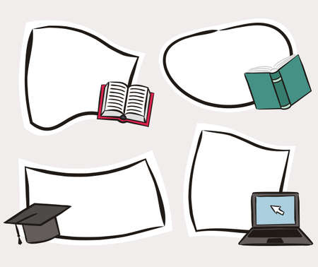 Hand-drawn stickers with books and laptop. Isolated Quick Tips badge. Vector illustration on the topic of rules, wisdom, knowledge, the generation of new ideas, announcements and web banners.のイラスト素材