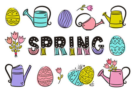Spring lettering. Elements for seasonal calendar. Hand-drawn ice cream, watermelon, lemonade, kite and clouds. Vector illustration in doodle style for yearbooks and calendars.のイラスト素材
