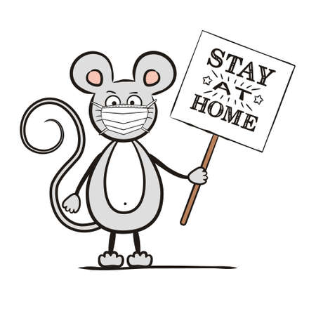 Hand-drawn mouse in a protective mask with a sign Stay home. Isolated Vector illustration on the topic of quarantine, protection and self-isolation during an epidemic.のイラスト素材