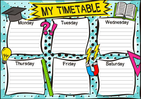 Bright template of a school schedule for 6 days of the week for students. Blank for a list of school subjects. Vector illustration in popart styles.のイラスト素材