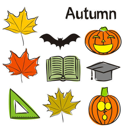 Time of year - Autumn Elements for seasonal calendar. Hand-drawn autumn maple leaves, halloween pumpkins, school subjects. Vector illustration in doodle style for yearbooks and calendars.のイラスト素材