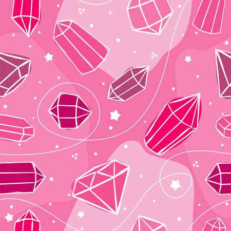 Pink seamless vector pattern with crystals and stars. Hand-drawn gemstones, diamonds, diamonds, emeralds and rubies. Vector illustration for jewelry store, bijouterie, magic and miracle.のイラスト素材