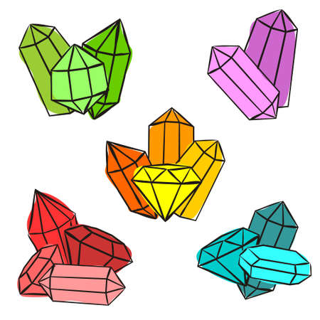 Compositions of bright crystals. Sets of Hand-drawn gems, diamonds, emeralds and rubies. Vector illustration for jewelry store, bijouterie, geology, sale, magic and miracle.のイラスト素材