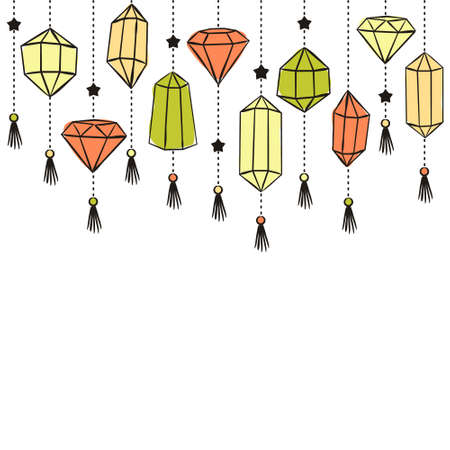 Pattern of crystals suspended on chains. Hand-drawn gemstones, diamonds, diamonds, emeralds and rubies. Vector illustration for jewelry store, bijouterie, magic and miracle.のイラスト素材