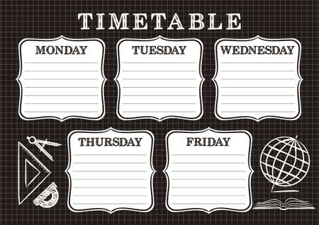 Template of a school schedule for 5 days of the week for students. Vector illustration in chalky styles. Includes hand-drawn elements on a school theme.のイラスト素材