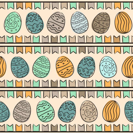 Hand-drawn pattern with easter eggs and flags. Colored spots on the background. Seamless Easter vector pattern in doodle style.のイラスト素材
