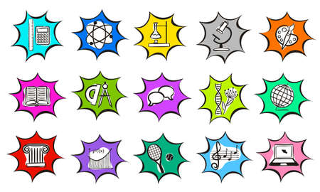 Bright collection of vector hand drawn icons of education in Explosion. Natural and mathematical science, additional education, tutorship, freelance, sport and art. Set of pop art symbols for web.のイラスト素材