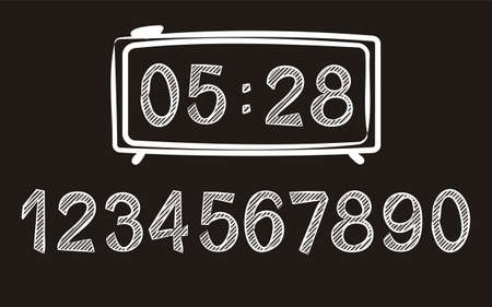 Template of electronic watches in chalk style. Set of numbers for the counter. Vector illustration of a clock for creating a countdown, alarm clock, web design.のイラスト素材