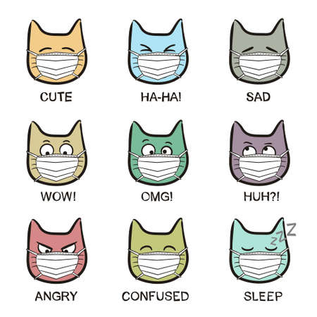 Cat emoji in a protective mask. Funny hand drawn cats in quarantine. Animals vector illustration. Doodle cat.のイラスト素材
