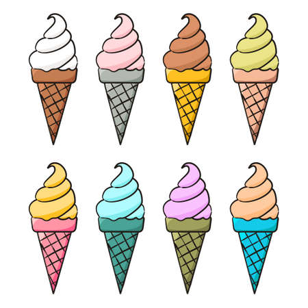 Set of hand-drawn waffle cones with ice cream isolated. Multi-colored ice cream of different tastes in doodle style. Vector illustration for decoration of menus, cafes, restaurants and pastry shops.のイラスト素材