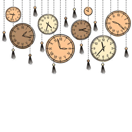 Pattern of hand-drawn clocks suspended on chains. Hand made watches for decorating steampunk posters, web and applications. Vector doodle style illustration on mechanics, time and eternity.のイラスト素材