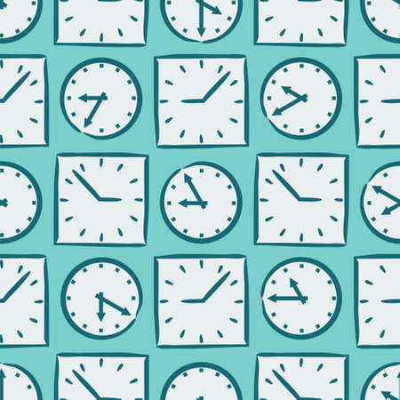 Seamless pattern of hand-drawn watches. Round and square clock with arrows. Vector blue background on the theme of mechanics, dials, technology, time and eternity.のイラスト素材