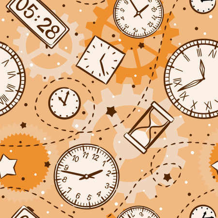 Seamless kids pattern of hand-drawn watches. Round clock in retro style, electronic and hourglass, gears. Vector steampunk background in beige colors on the theme of mechanics, time and eternity.のイラスト素材