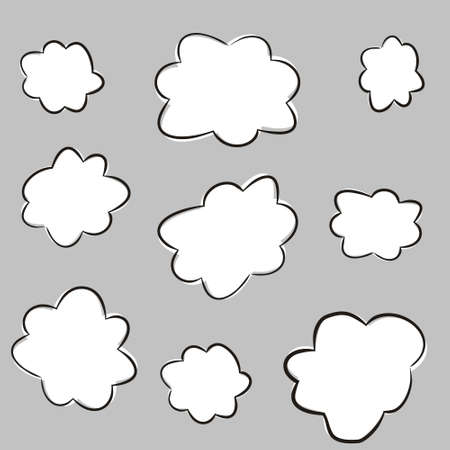 Set of cartoon hand-drawn clouds. White clouds with a black stroke. Vector illustration of speech bubble for banners, posters and web design.のイラスト素材