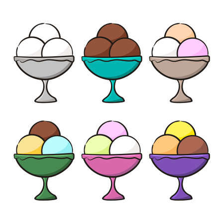 Set of hand-drawn bowls with balls of ice cream isolated. Multi-colored ice cream of different tastes in doodle style. Vector illustration for decoration of menus, cafes, restaurants and pastry shops.のイラスト素材