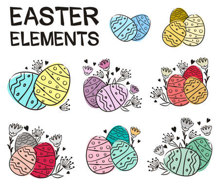 Set for easter decoration. Painted eggs and flowers in doodle style. Multi-colored watercolor stains. Vector elements for the design of Easter cards, posters and banners.のイラスト素材