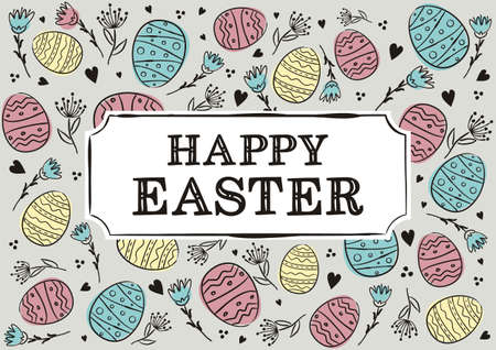 Happy Easter lettering. Hand drawn Easter typography with flowers and eggs for greeting cards. Blue and light green colored spots on the background.のイラスト素材