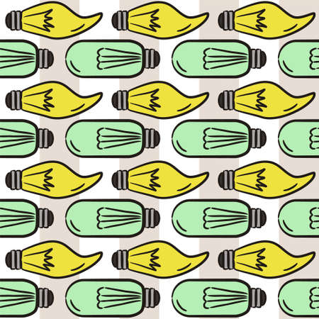 Seamless pattern of hand-drawn light bulbs. Hand made lamps for decorating kids' posters, web and applications. Vector doodle style illustration on electricity, decor and good ideas.のイラスト素材