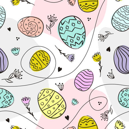 Hand-drawn pattern with easter eggs and flowers. Colored spots on the background. Seamless Easter vector pattern in doodle style.のイラスト素材