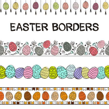 Set for easter decoration. Seamless patterns for frames and borders. Painted eggs and flowers in doodle style. Multi-colored watercolor stains. Vector elements for the design of Easter cards, postersのイラスト素材