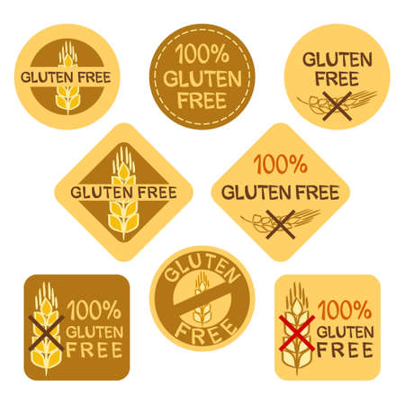 A set of stickers for gluten-free culinary products. Gluten free icons. Crossed spikelet of wheat. Vector  for web design, banners and posters.のイラスト素材