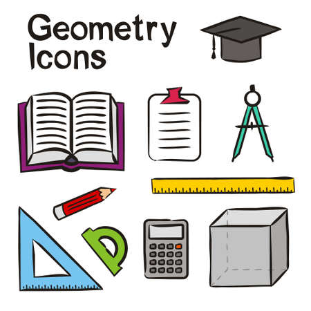 Set of hand-drawn icons on the theme of Maths and Geometry. Pictograms of Ruler, square, protractor, cube, compass, calculator. Vector illustration on the theme of Maths, Geometry or educationのイラスト素材