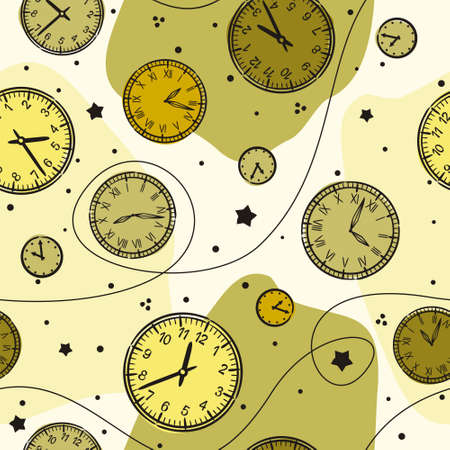 Seamless pattern of hand-drawn watches. Round clock in retro style. Vector steampunk background in olive tones on the theme of mechanics, dials, technology, time and eternity.のイラスト素材