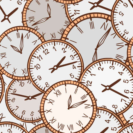 Seamless pattern of hand-drawn watches. Round clock in retro style. Vector steampunk background in blue tones on the theme of mechanics, dials, technology, time and eternity.のイラスト素材