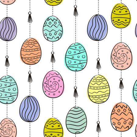 Hand-drawn pattern with easter eggs. Colored spots on the background. Seamless Easter vector pattern in doodle style.のイラスト素材