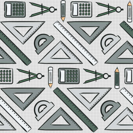 Seamless doodle pattern with school elements. Pattern with mathematical objects: ruler, calculator, compass and others. Vector background.のイラスト素材
