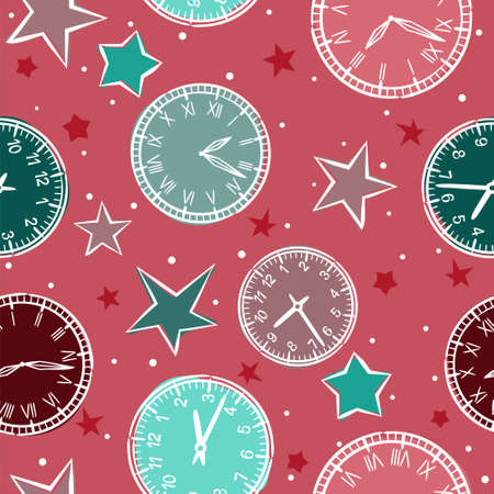 Seamless pattern of hand-drawn watches and stars. Round clock in retro style. Vector steampunk background on the theme of mechanics, dials, technology, time and eternity.のイラスト素材
